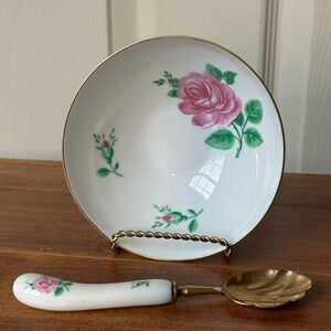 Antique Kalk Eisenberg Germany Porcelain Rose Bowl & Shell Spoon Set Gold K Mark